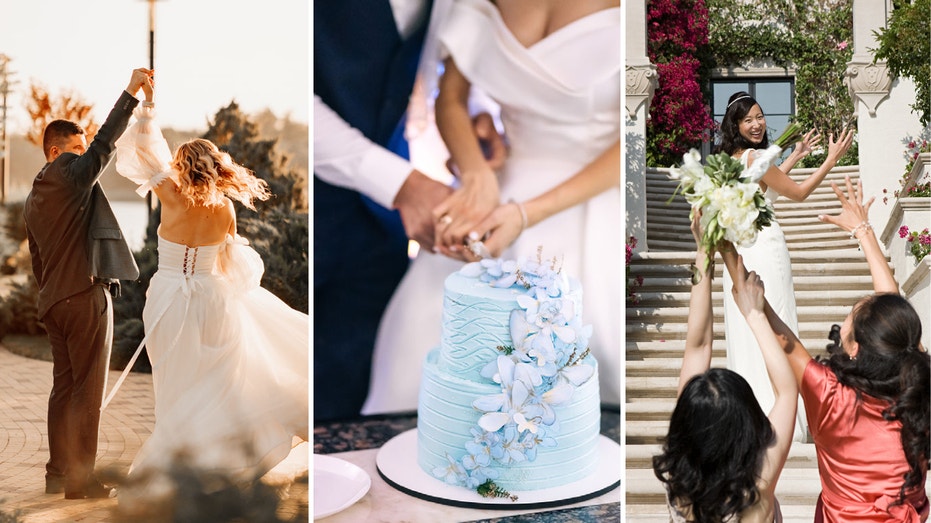 Left: Newlyweds dance. Middle: Newlyweds cut cake. Right: Bride tosses bouquet.