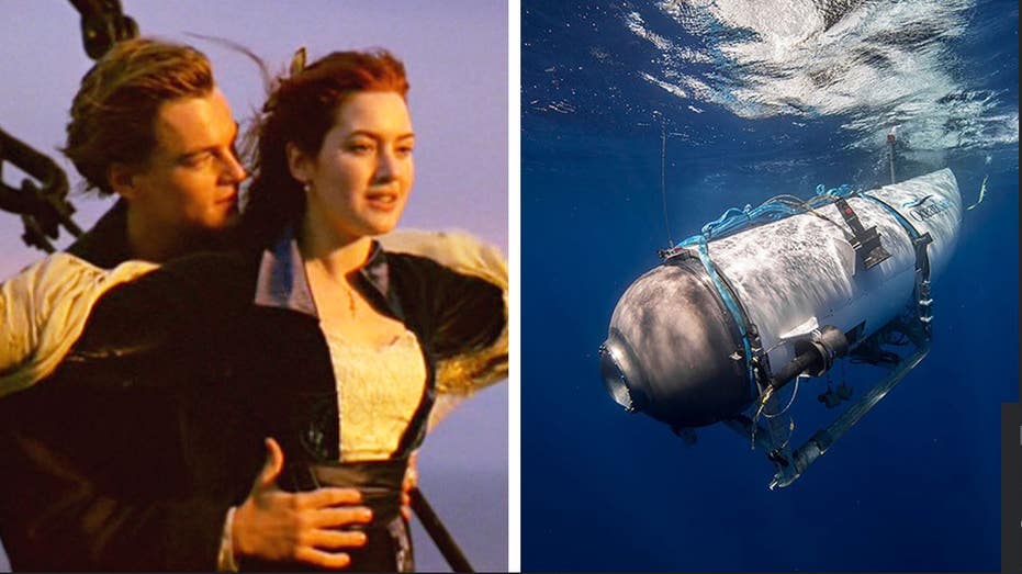 A split photo of Kate Winslet and Leonardo DiCaprio in 'Titanic' and the doomed Titan submersible