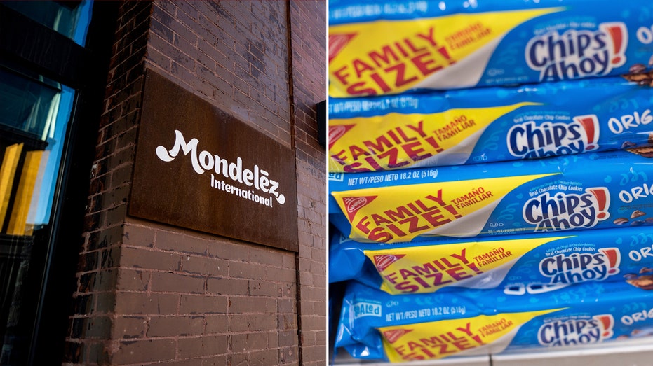 Left: Mondelez International's Chicago headquarters. Right: Packs of Chips Ahoy! stacked in store.