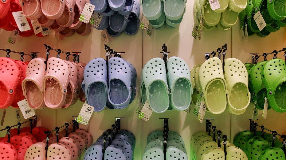 Rows of hanging Crocs