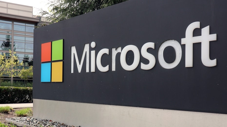 A logo marking the edge of the Microsoft corporate campus