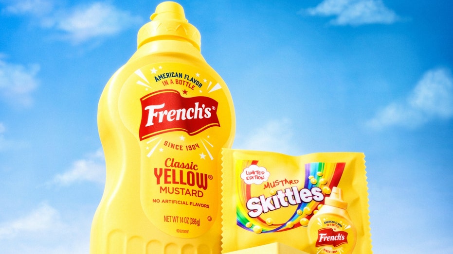 A bottle of French's mustard and mustard Skittles