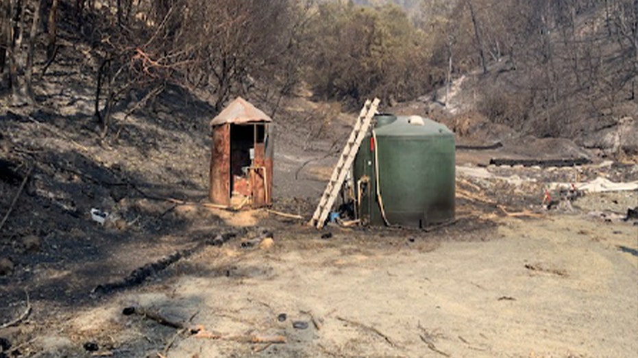 Fire-damaged pump house at landfill seen amid burned brush and trees