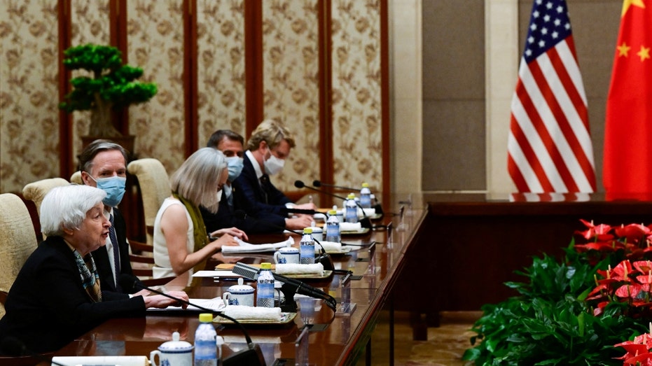 Treasury Secretary Janet Yellen (L) attends a meeting with Chinese Vice Premier He Lifeng