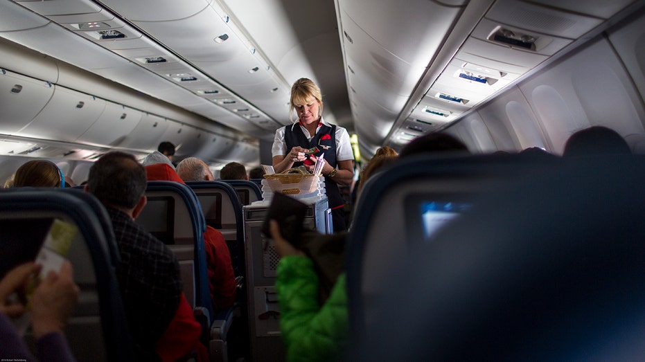 A Delta Airliens stewardess serves passengers
