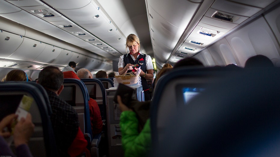 A Delta Airliens stewardess serves passengers