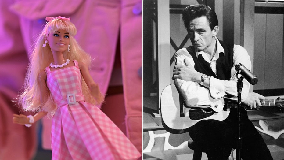 A split image featuring a Barbie doll on the left and Country music star Johnny Cash on the right