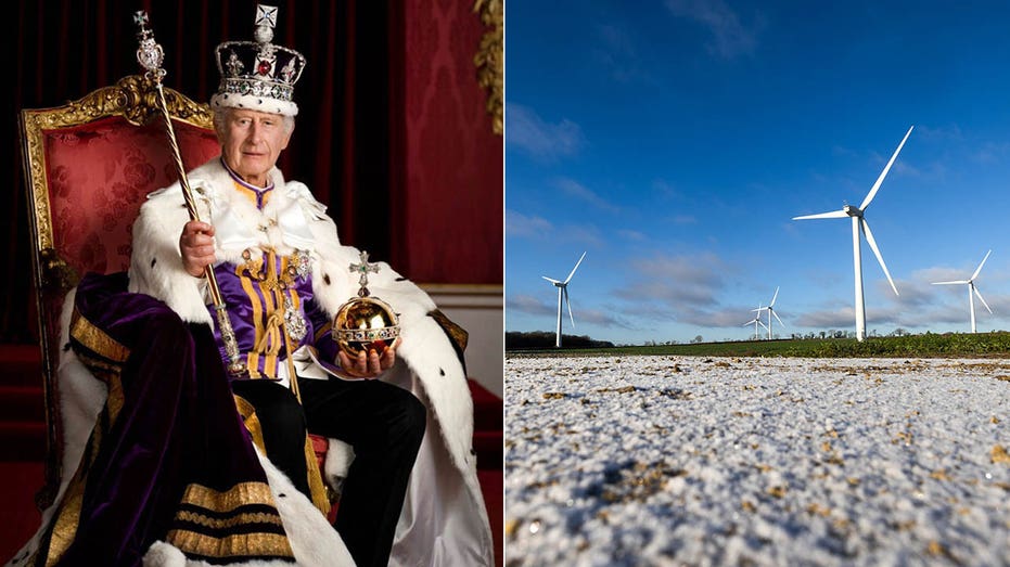 king charles royal portrait/windfarm on the beach in U.K.