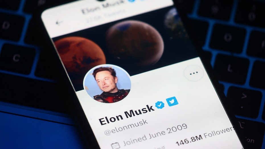 A mobile phone shows Elon Musks Twitter account