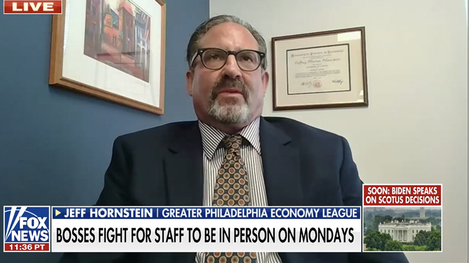 Jeff Hornstein on tv. Chyron reads "bosses fight for staff to be in person on Mondays"