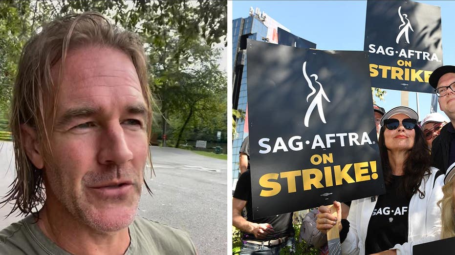 A split of James Van Der Beek talking and SAG members on strike