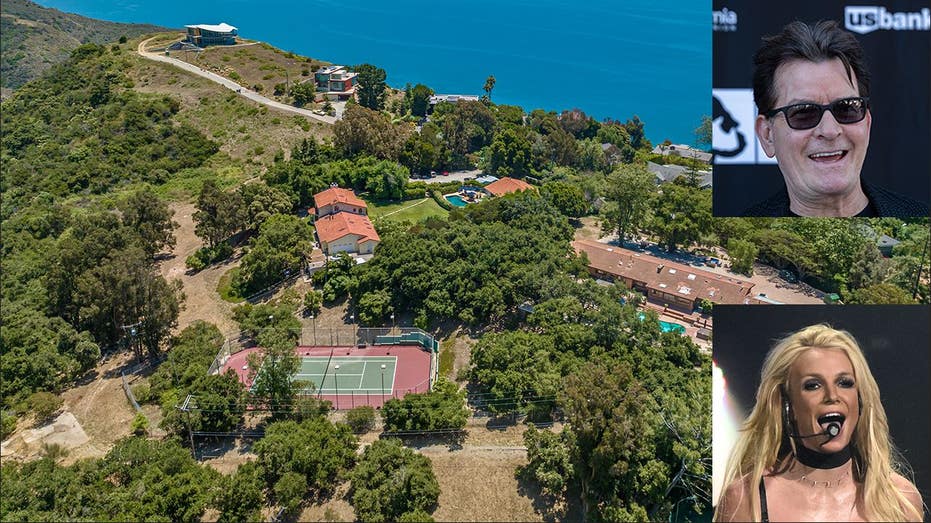 A split photo of the property and Britney Spears and Charlie Sheen