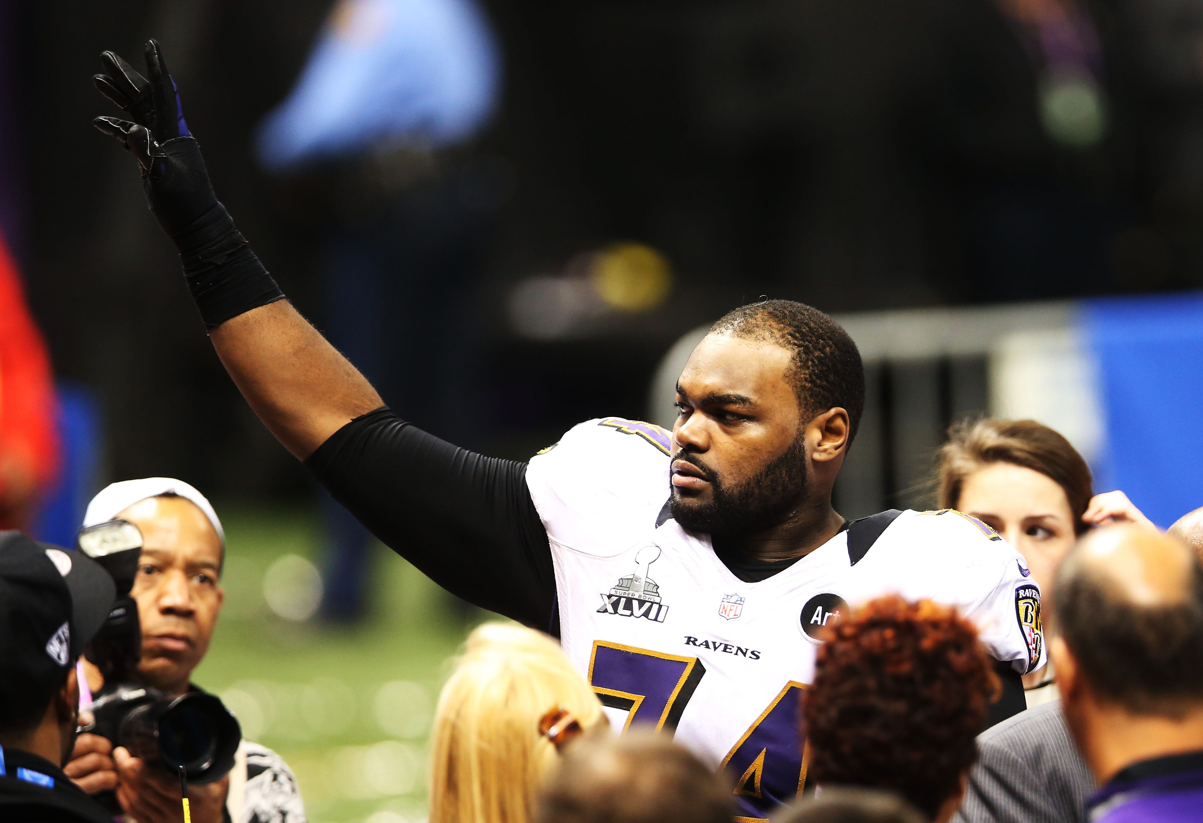 NFL Fans React To Disgusting Michael Oher Scandal Update (Report) 2 Feb 3, 2013; New Orleans, LA, USA; Baltimore Ravens tackle Michael Oher (74) celebrates after defeating the San Francisco 49ers 34-31 in Super Bowl XLVII at the Mercedes-Benz Superdome.Mandatory Credit: Matthew Emmons-USA TODAY Sports (NFL)