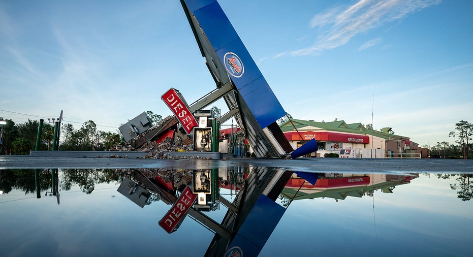 A photo of a destroyed gas station