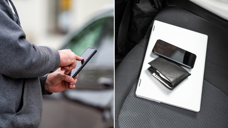 Left: Person uses cellphone next to car. Right: Devices left on a car seat.