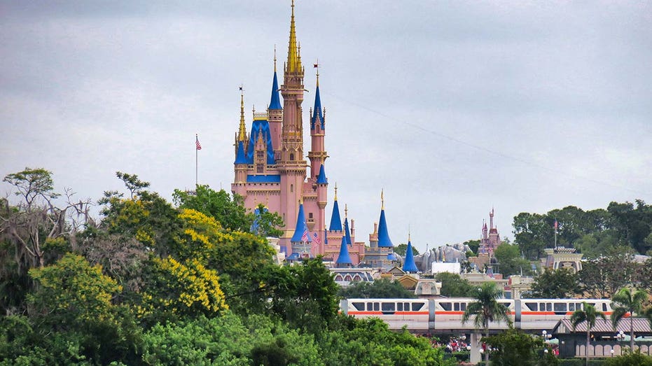 Disney World'ss Cinderella Castle in background, monorail in front of it