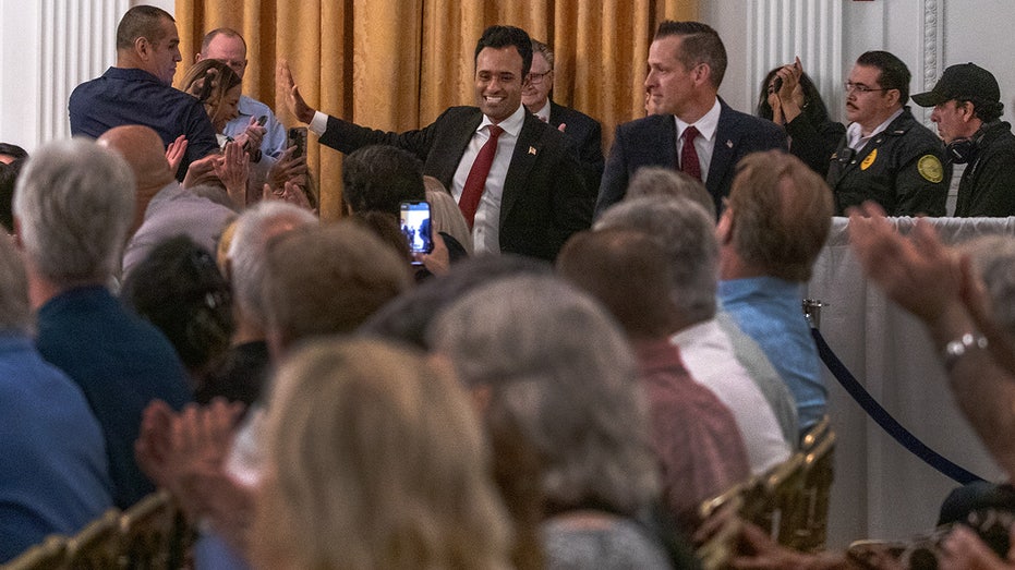 Vivek Ramaswamy greets supporters at the Nixon Library 