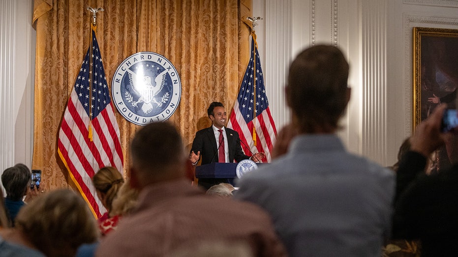 Vivek Ramaswamy on stage at the Nixon Library 