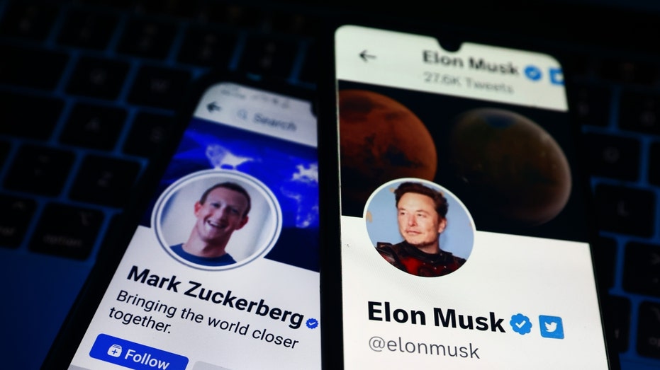Elon Musk's X account and Mark Zuckerberg's Facebook account on cell phone screens