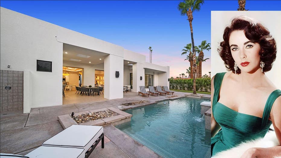 A split of Elizabeth Taylor in 1950 and the outside of the Palm Springs home