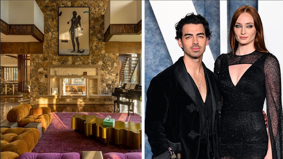 A split of a colorful, high-ceilinged living room and Joe Jonas and Sophie Turner together