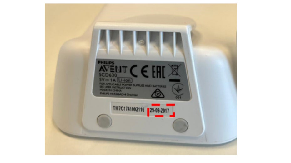 The bottom of a recalled Philips baby monitor