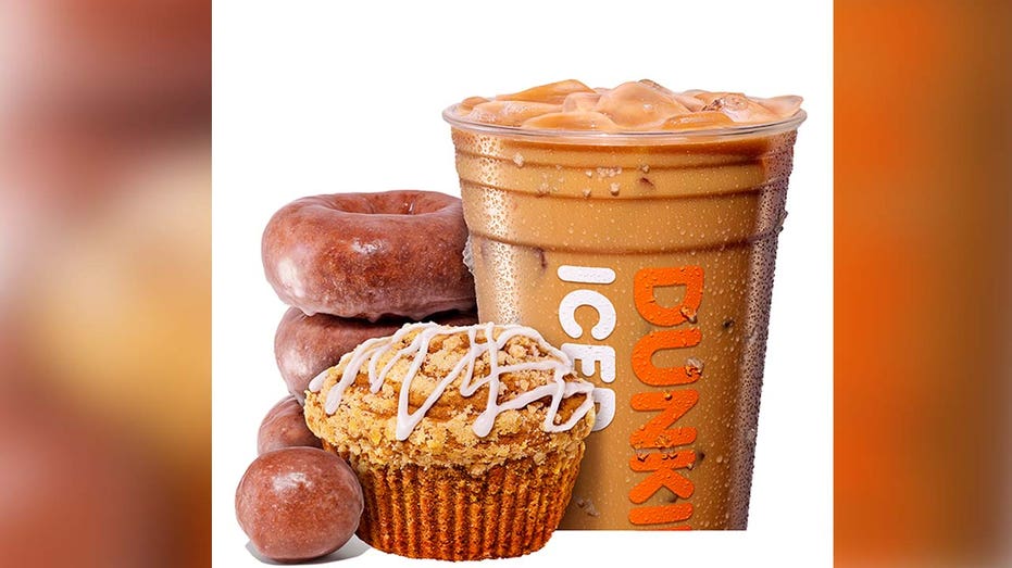 pumpkin donut, muffin, and iced coffee