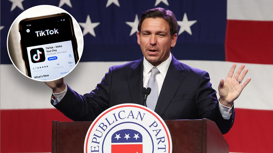 A split image showing Florida Gov. Ron DeSantis and a smartphone with TikTok pulled up