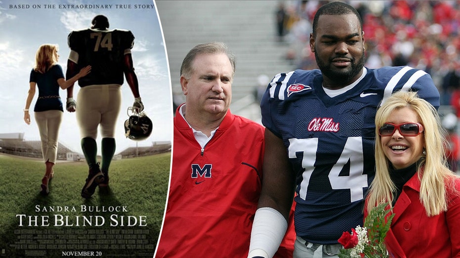 Sandra Bullock and Quinton Aaron on the poster for 'The Blind Side' movie 2009, split picture of Michael Oher with Leigh Anne and Sean Tuohy