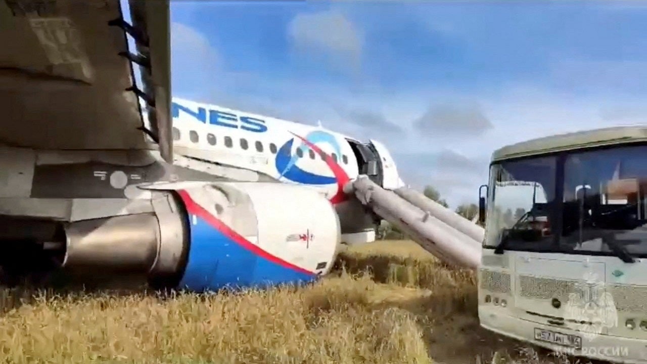 A Ural Airlines plane makes an emergency landing in a field in Russia after the pilot feared he had run out of fuel