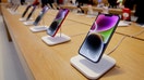 IPhones are displayed in the Apple Store on Feb. 3, 2023, in New York City.
