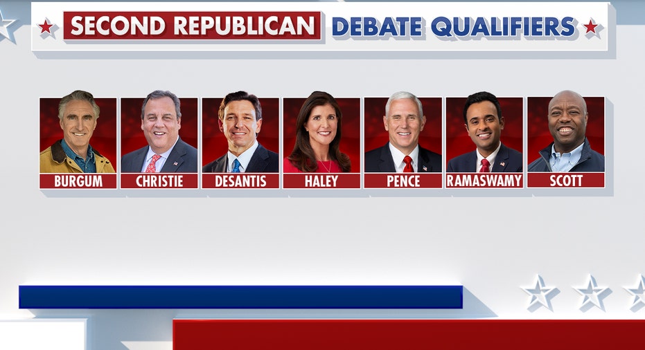 The 7 Republican candidates: Florida Gov. Ron DeSantis, Former New Jersey Gov. Chris Christie, North Dakota Gov. Doug Burgum, Former U.N. Ambassador Nikki Haley, Former Vice President Mike Pence, Sen. Tim Scott of South Carolina, Vivek Ramaswamy