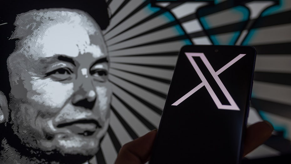 Elon Musk's image on display next to X brand logo