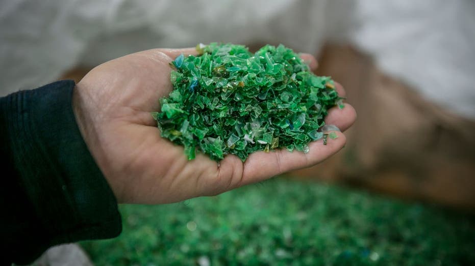 Hand holding green polyethylene terephthalate (PET) flakes