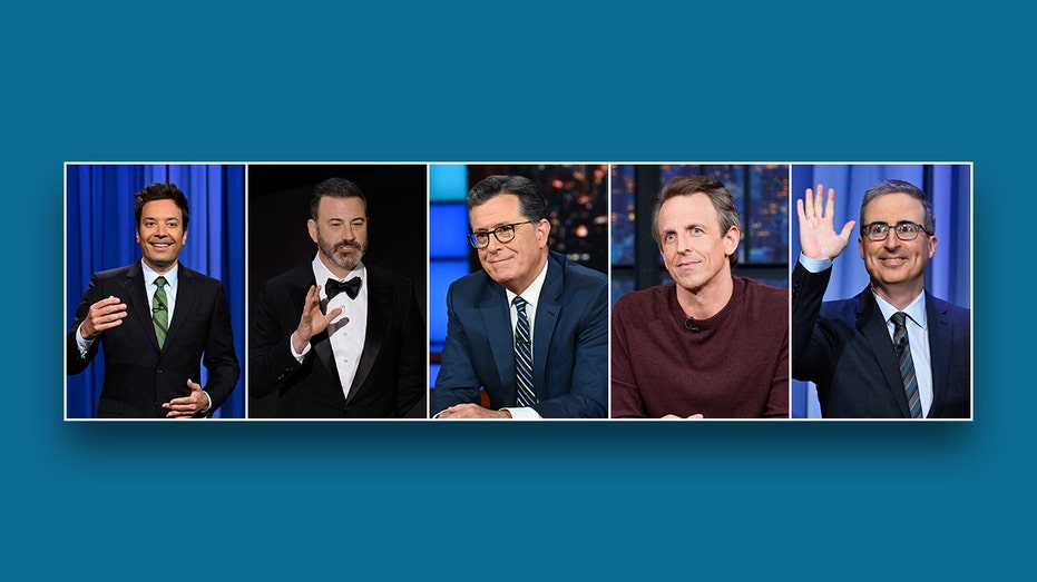 Five way inset of Jimmy Fallon, Jimmy Kimmel, Stephen Colbert, Seth Meyers, and John Oliver