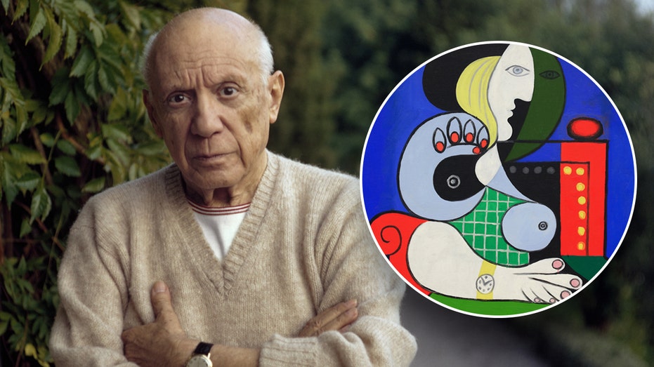 Left: Pablo Picasso with folded arms. Right: Picasso's 'Woman with a Watch' painting.