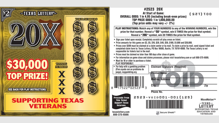 Texas Lottery 20X Supporting Texas Veterans Scratch Off ticket front and back