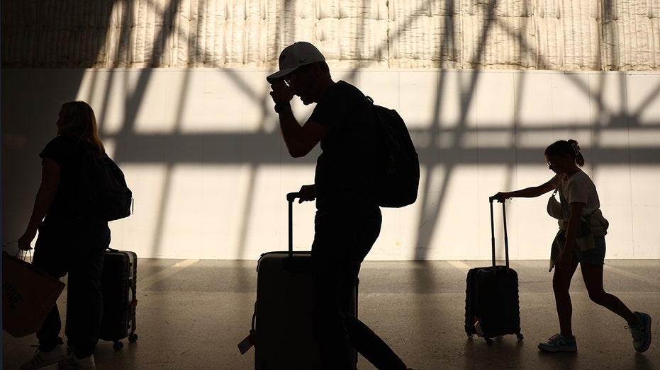 Travelers walk with luggage