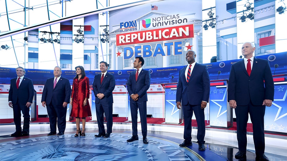 On the Republican debate stage: Florida Gov. Ron DeSantis, Former New Jersey Gov. Chris Christie, North Dakota Gov. Doug Burgum, Former U.N. Ambassador Nikki Haley, Former Vice President Mike Pence, Sen. Tim Scott of South Carolina, Vivek Ramaswamy