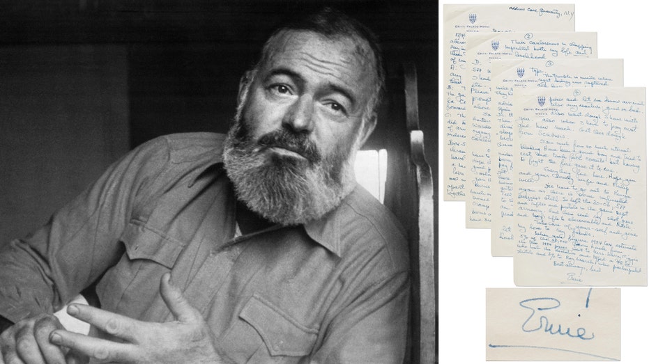 Ernest Hemingway next to his four-page plane crash letter.