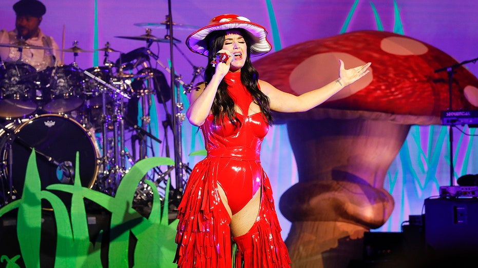 Katy Perry in a red latex body suit with fringe pants and a mushroom cap hat
