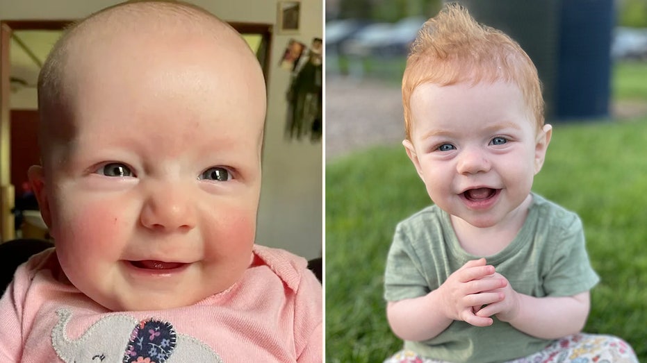 Split photo of two girl babies