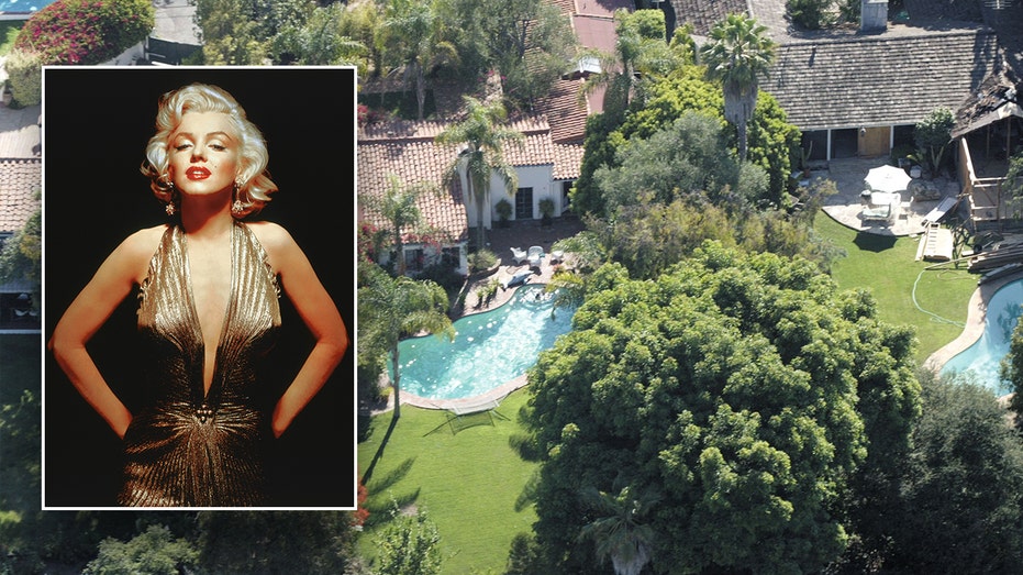 photo of Marilyn Monroe's former Los Angeles home with an inset photo of Marilyn Monroe