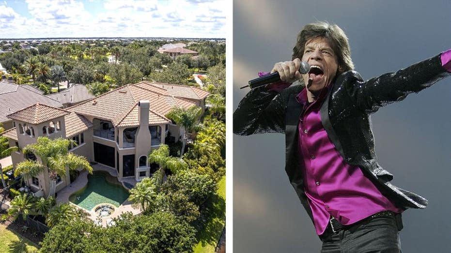 A split of Mick Jagger performing and his Florida home