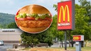 A McDonald&apos;s restaurant is seen in Pennsylvania, with an inset of the McCrispy chicken sandwich.
