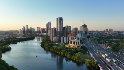 In an aerial view, the downtown skyline is seen on April 11, 2023 in Austin, Texas. The city of Austin has been ranked as the top destination of U.S. job markets for the second consecutive year, according to data collected by The Wall Street Journal. - Fox Business News