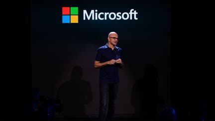 Satya Nadella, chief executive officer of Microsoft Corp., speaks during a Microsoft product event in New York, U.S., on Wednesday, Oct. 2, 2019. Microsoft unveiled a dual-screen, foldable phone that will run on Googles Android operating system, jumping back into a market it exited years ago. 