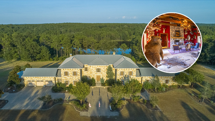 An aerial view of the Alabama hunting ranch with a preview of the inside.