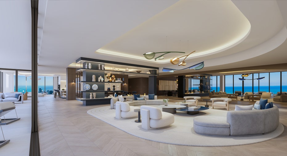 Waldorf Astoria Residences Miami side-view of penthouse living room.