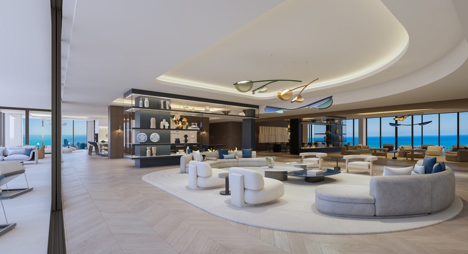 Waldorf Astoria Residences Miami side-view of penthouse living room.